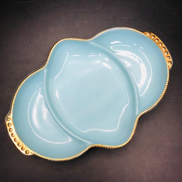 Vintage FIRE KING Delphite Blue Milk Glass Relish Divided Dish Serveware - Picture 3 of 12
